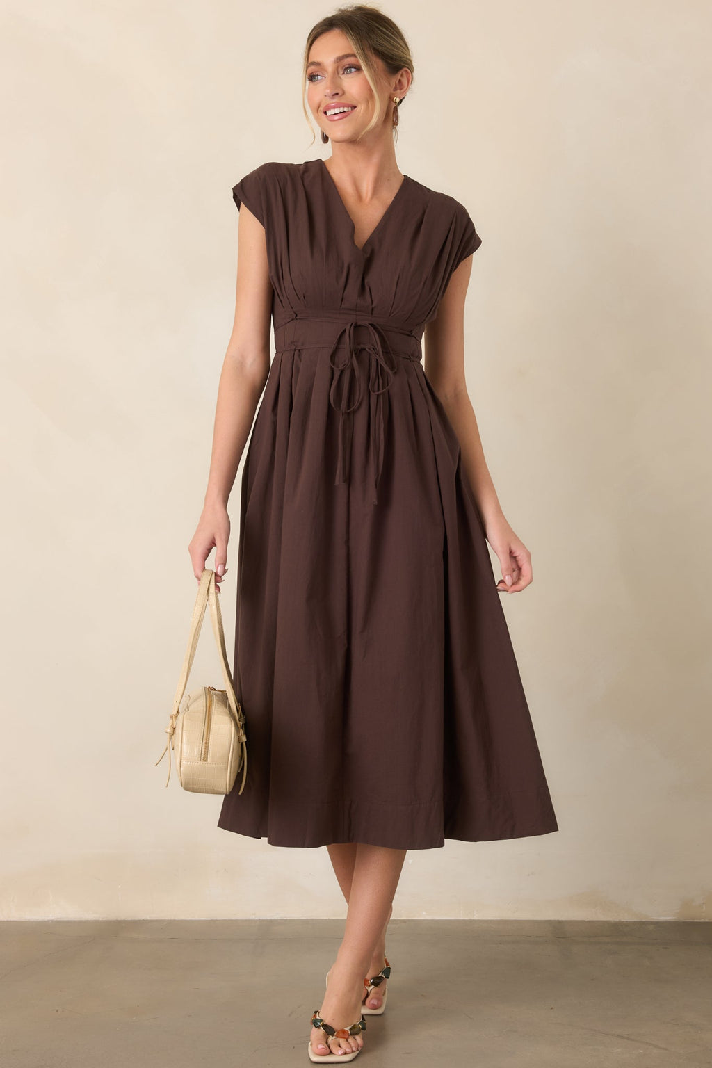 Gentle Reminders Brown Cotton Pleated V-Neck Midi Dress