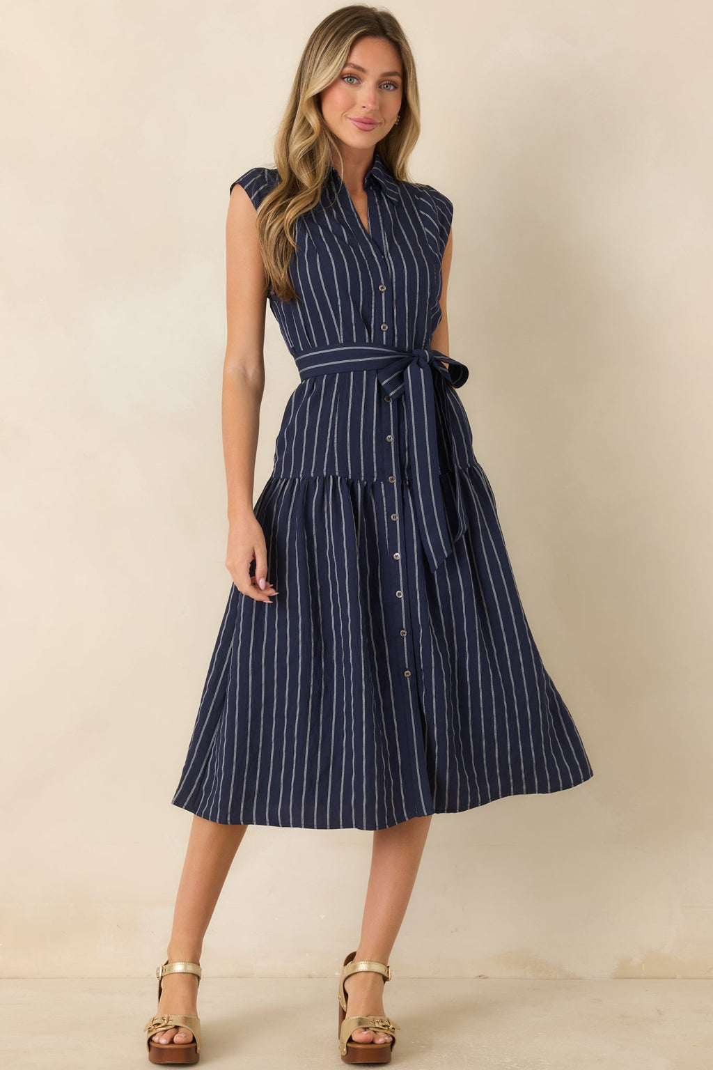 Always On Course Navy Striped Button Front Midi Dress