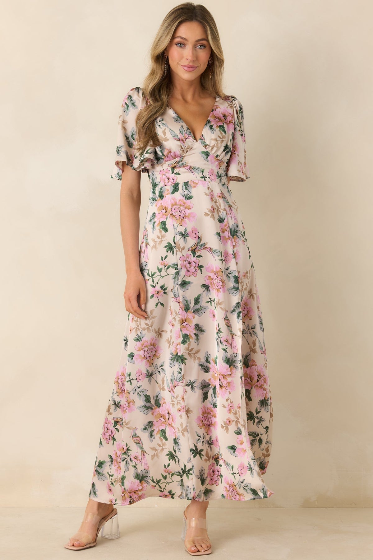 Rosewood Romance Ivory Multi Floral Flutter Sleeve Maxi Dress