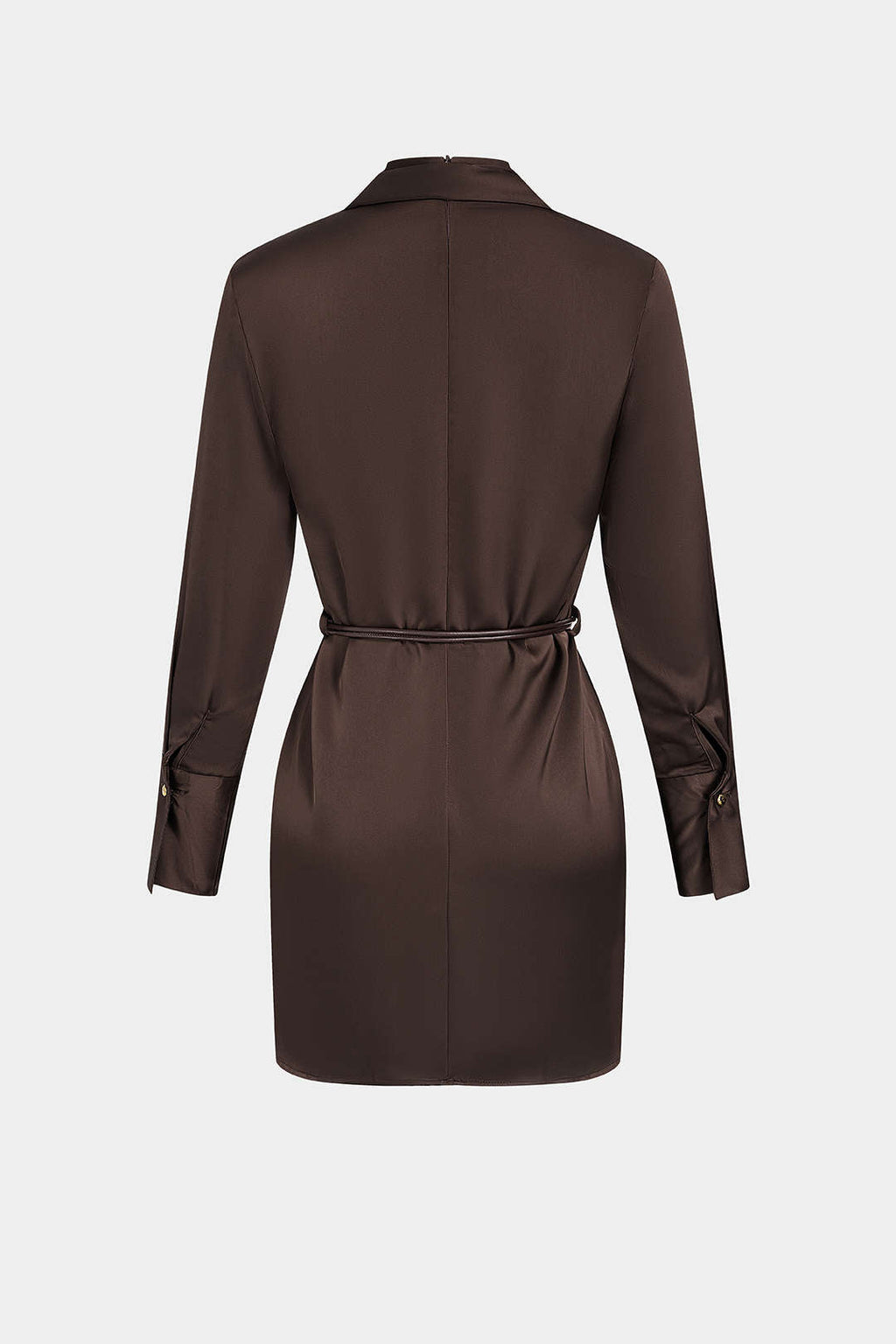 Satin Stand Collar Belted Long Sleeve Mini Dress