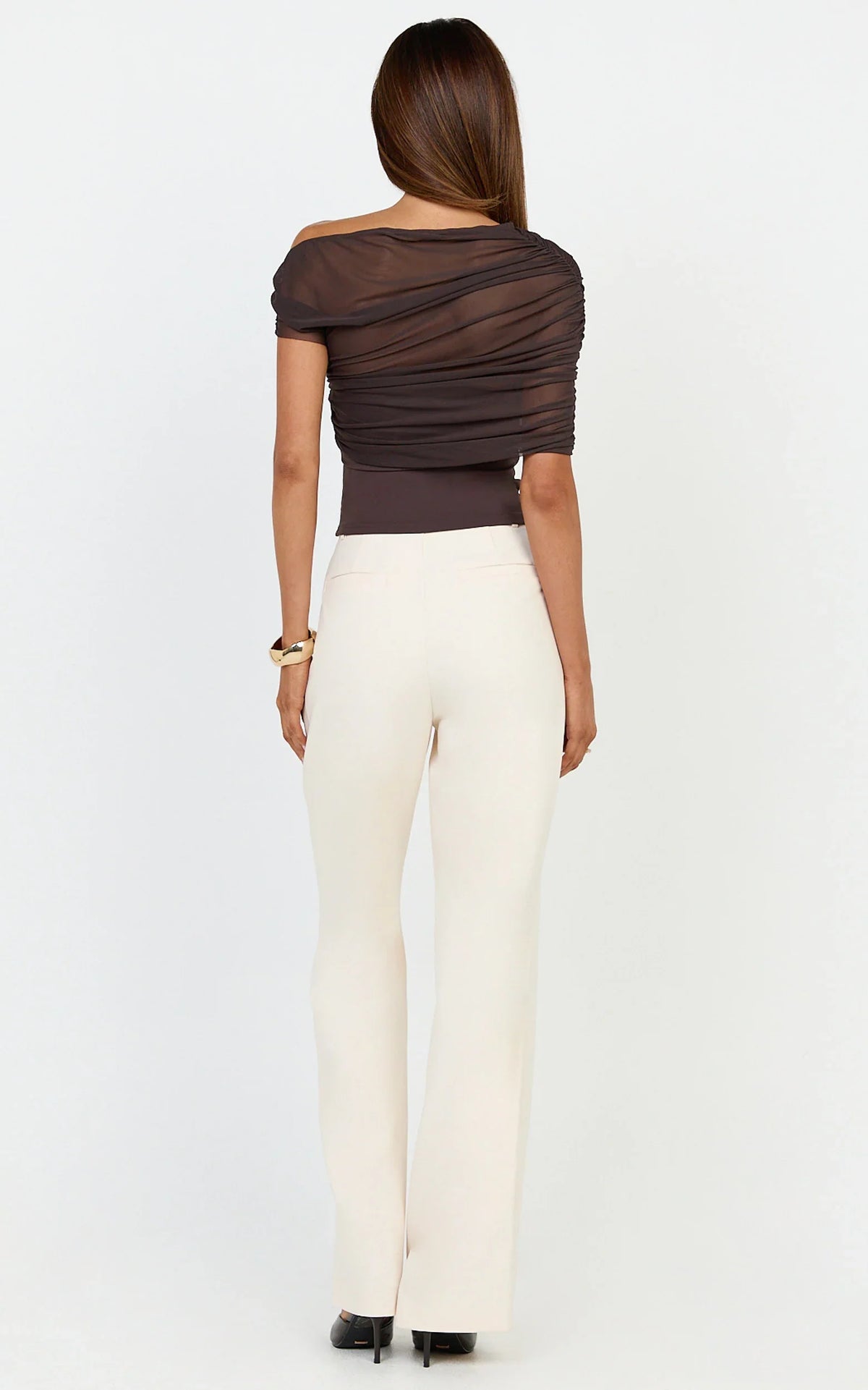 Sophia Top - Draped One Shoulder Mesh Overlay Top in Chocolate