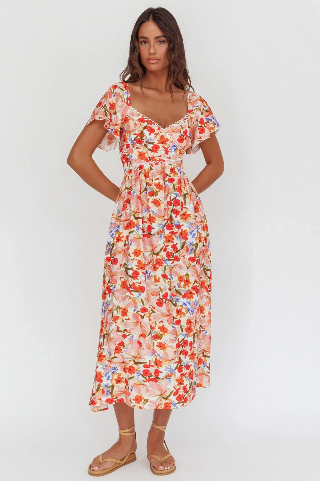 Carynna Flutter Sleeve Maxi Dress Floral Red