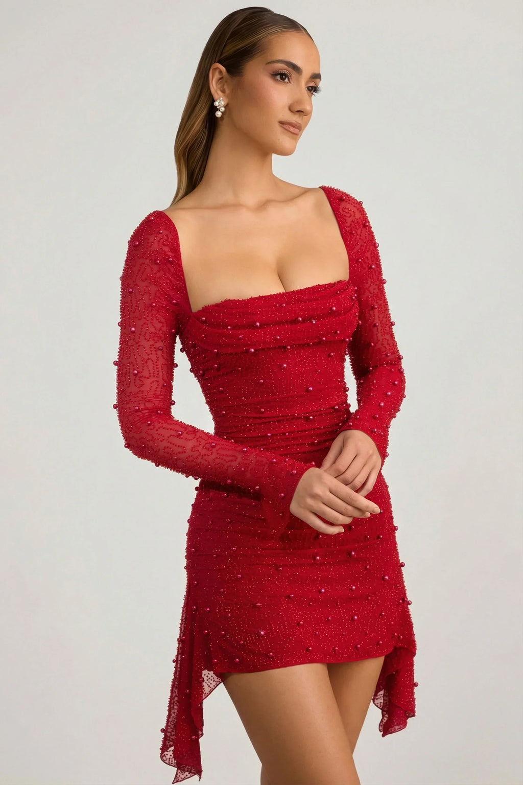 Embellished Cowl-Neck Draped Mini Dress in True Red