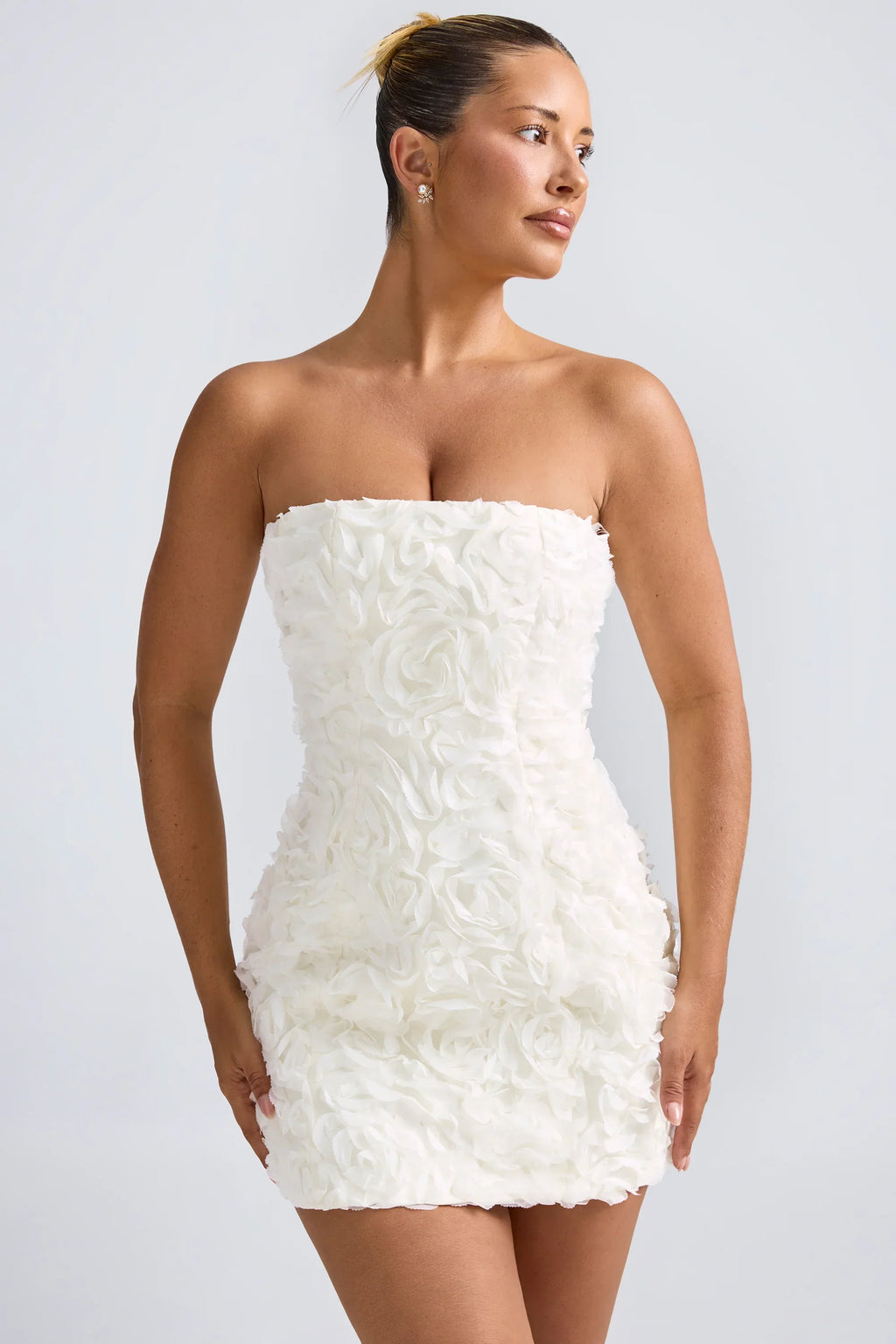 Floral-Appliqu¨¦ Bandeau A-Line Mini Dress in White