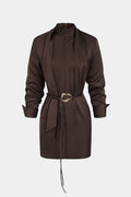 Satin Stand Collar Belted Long Sleeve Mini Dress