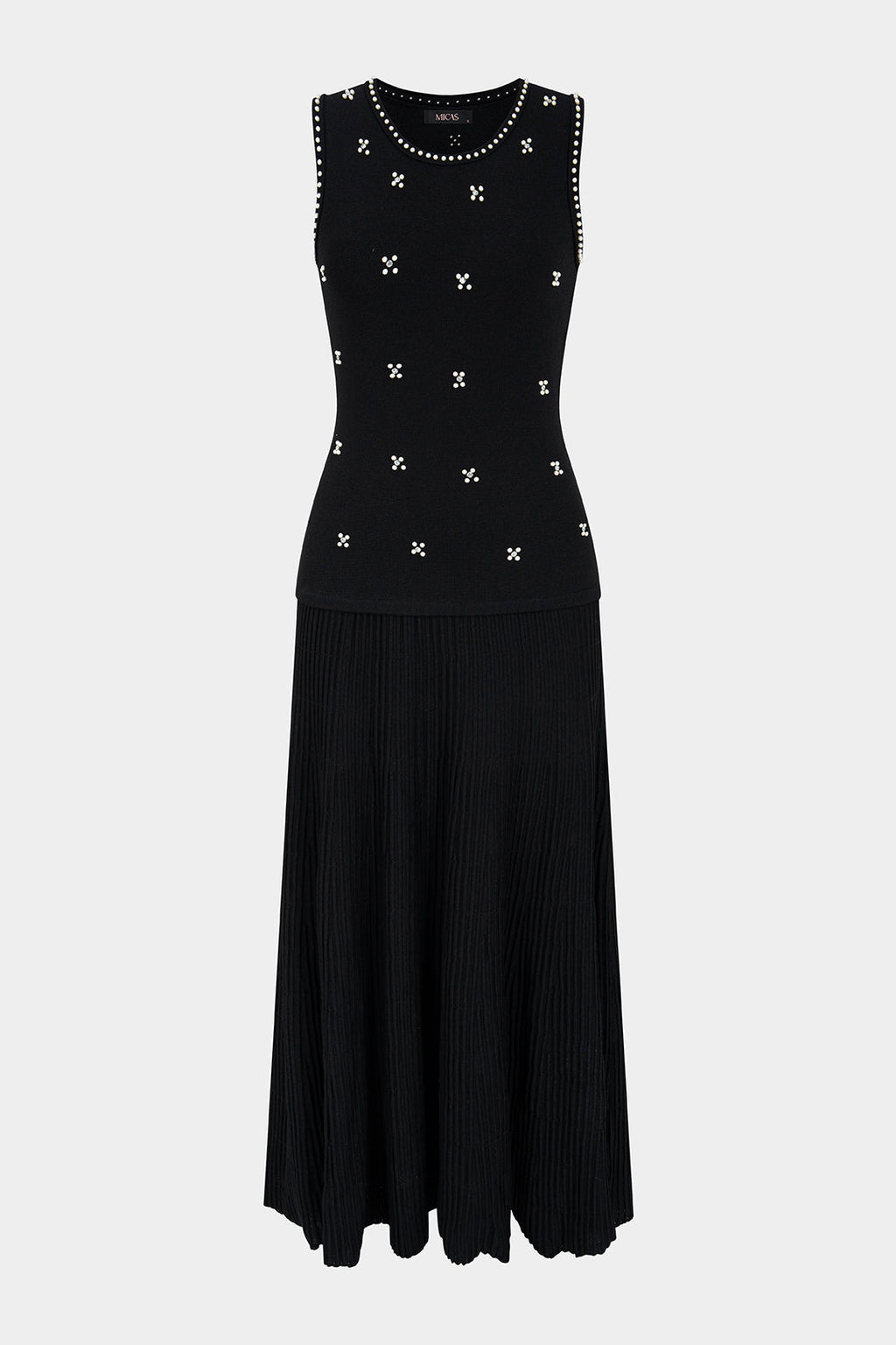 Knit Round Neck Peals Rhinestone Decor Sleeveless Maxi Dress