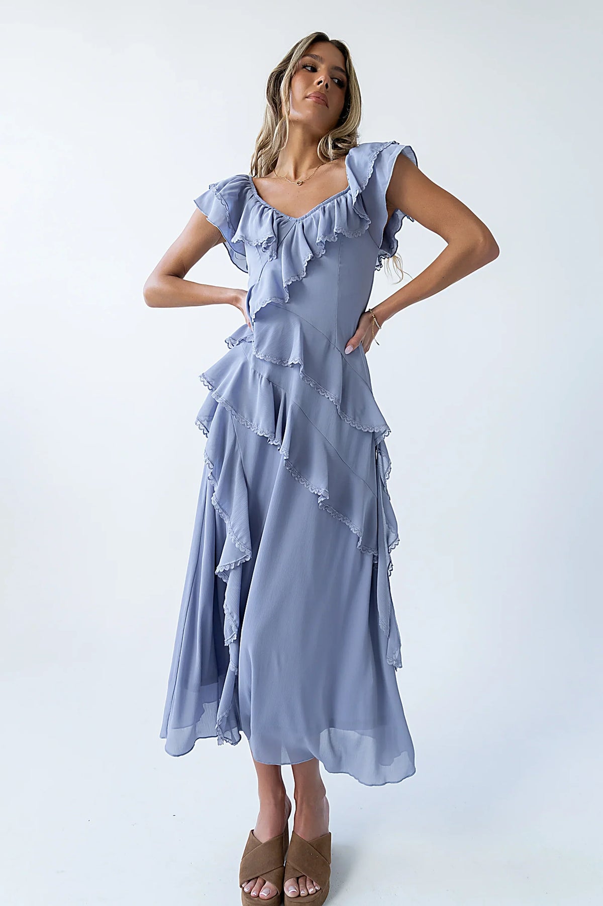 Quinton Ruffle Maxi Dress in Blue