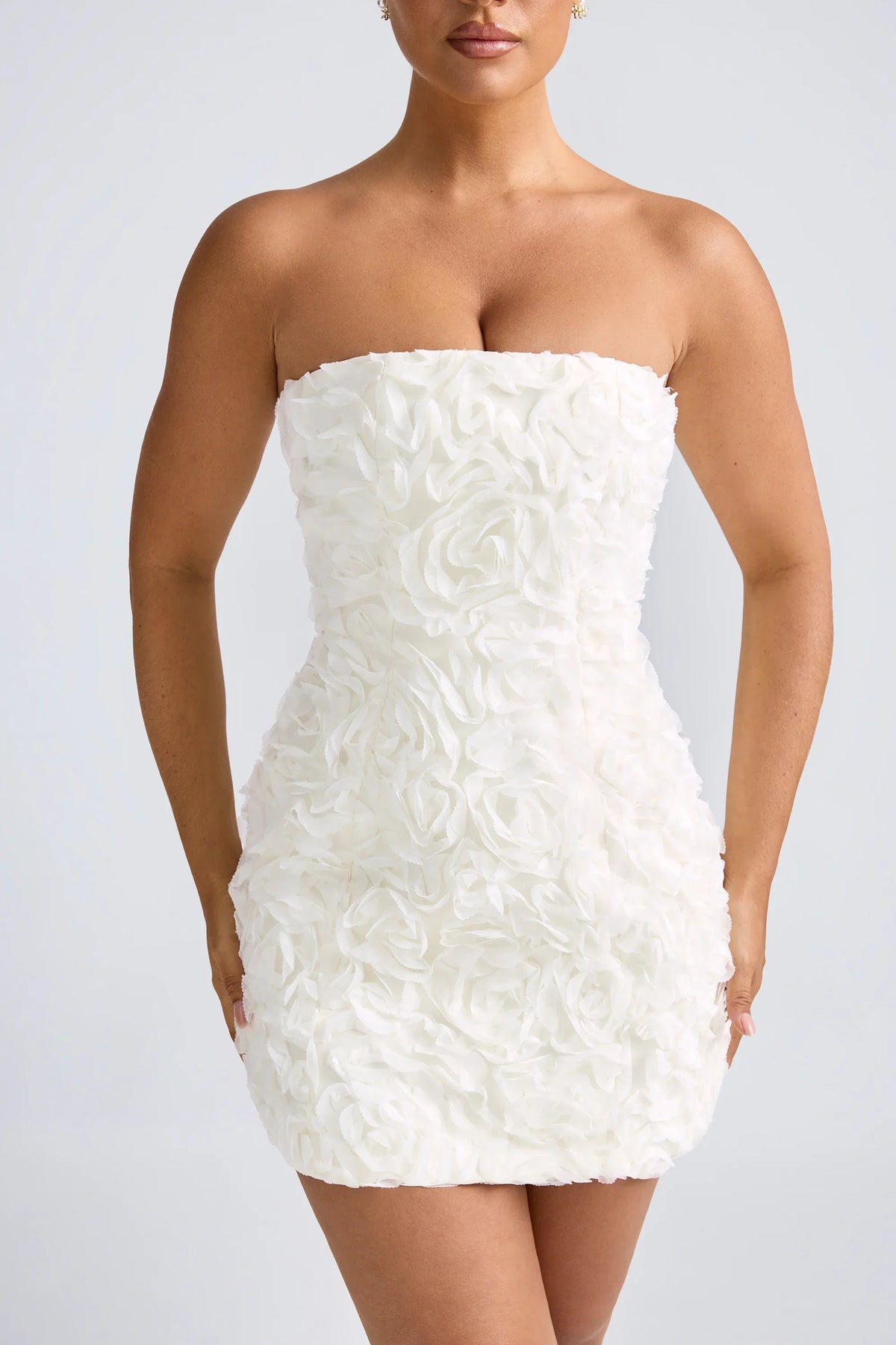Floral-Appliqu¨¦ Bandeau A-Line Mini Dress in White