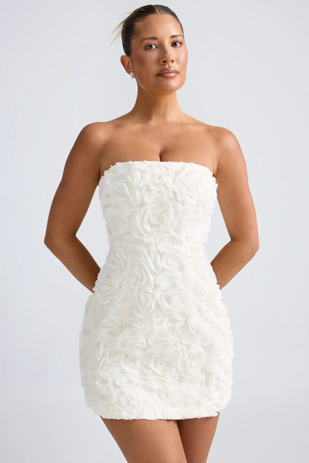 Floral-Appliqu¨¦ Bandeau A-Line Mini Dress in White