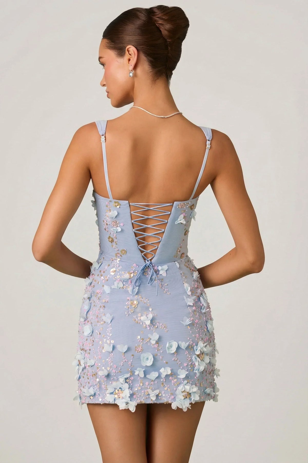 Embellished Appliqu¨¦ Corset Mini Dress in Sky Blue