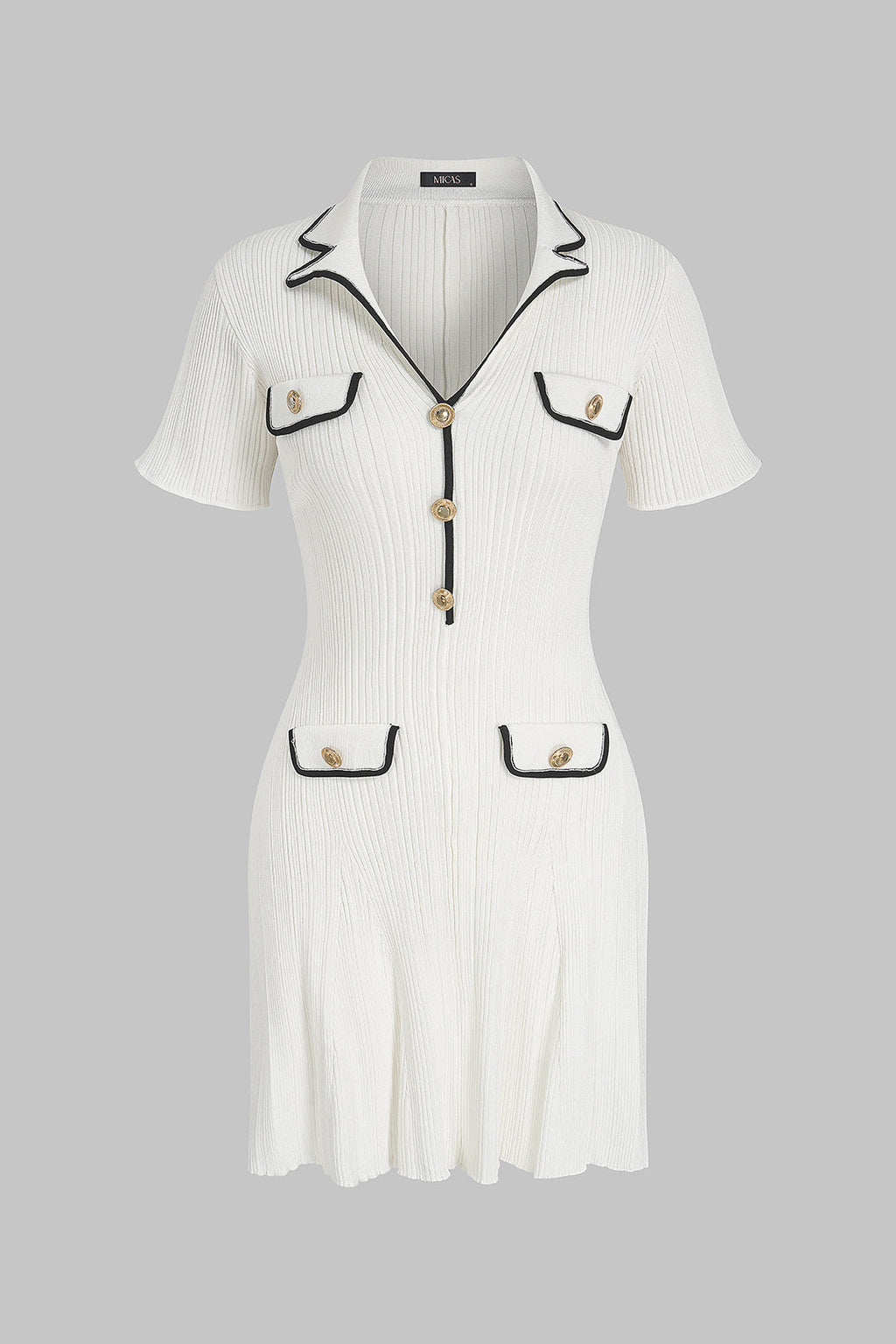 Knit Contrast Trim Metallic Button Short Sleeve Mini Dress