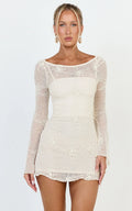 Hinata Mini Dress - Crochet Flared Sleeve Fit And Flare Dress in Ivory