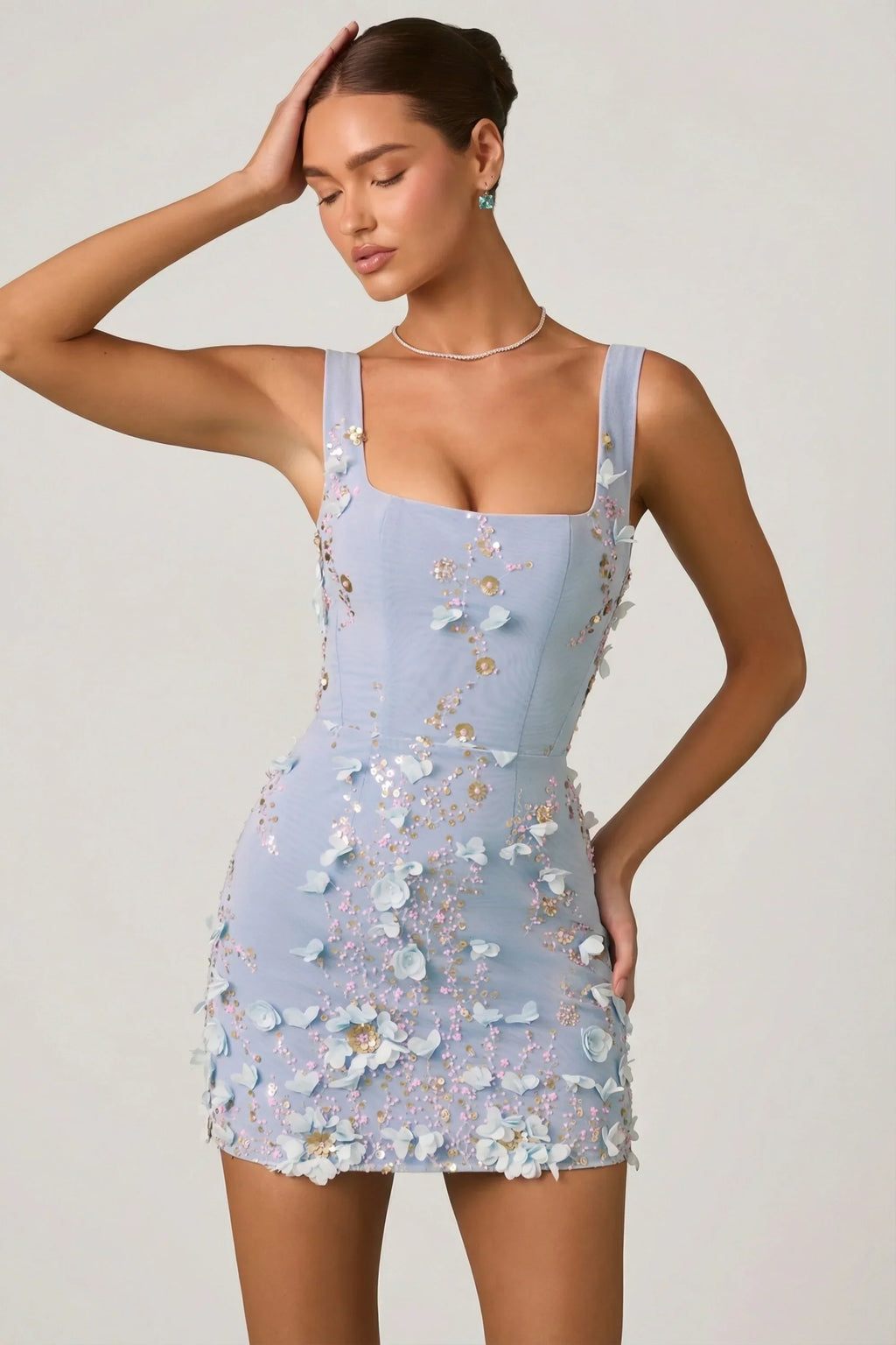 Embellished Appliqu¨¦ Corset Mini Dress in Sky Blue