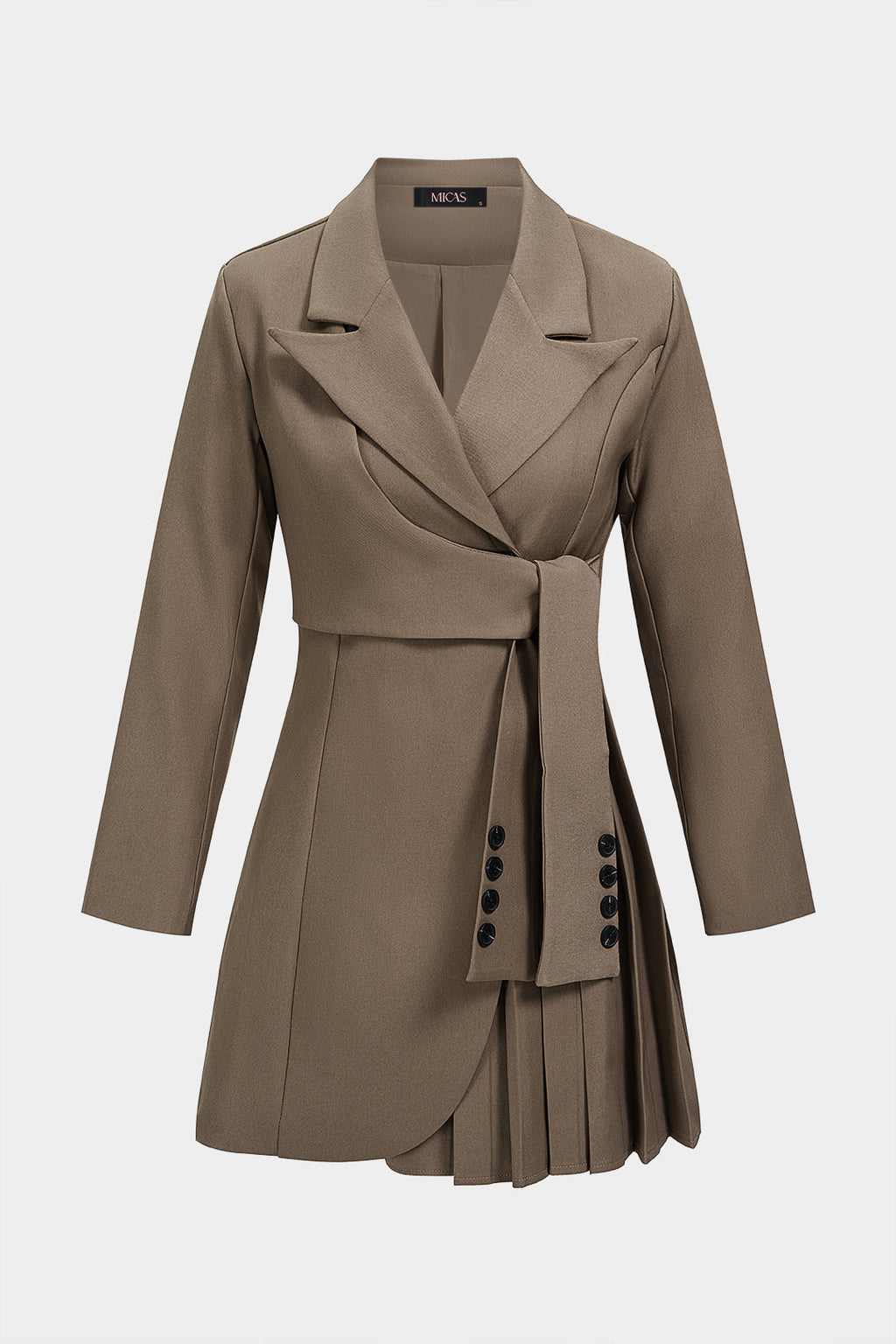 Notched Lapel Tie-Up Asymmetrical Pleated Long Sleeve Mini Dress