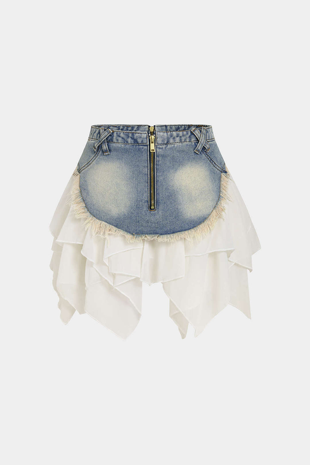 Denim Patchwork Chiffon Irregular Hem Frayed Skirt