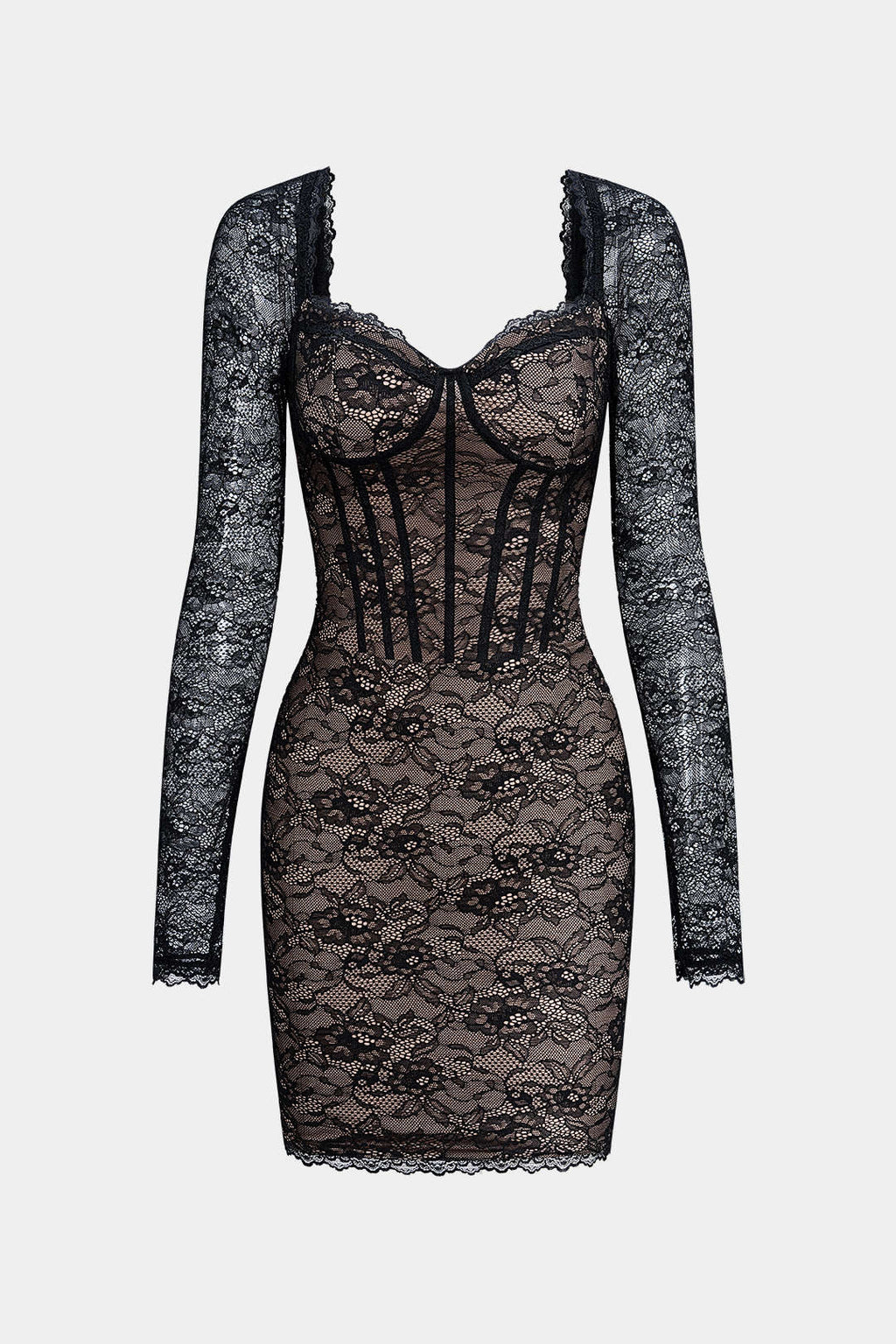 Lace V-Neck Corset Backless Long Sleeve Mini Dress