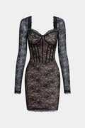 Lace V-Neck Corset Backless Long Sleeve Mini Dress