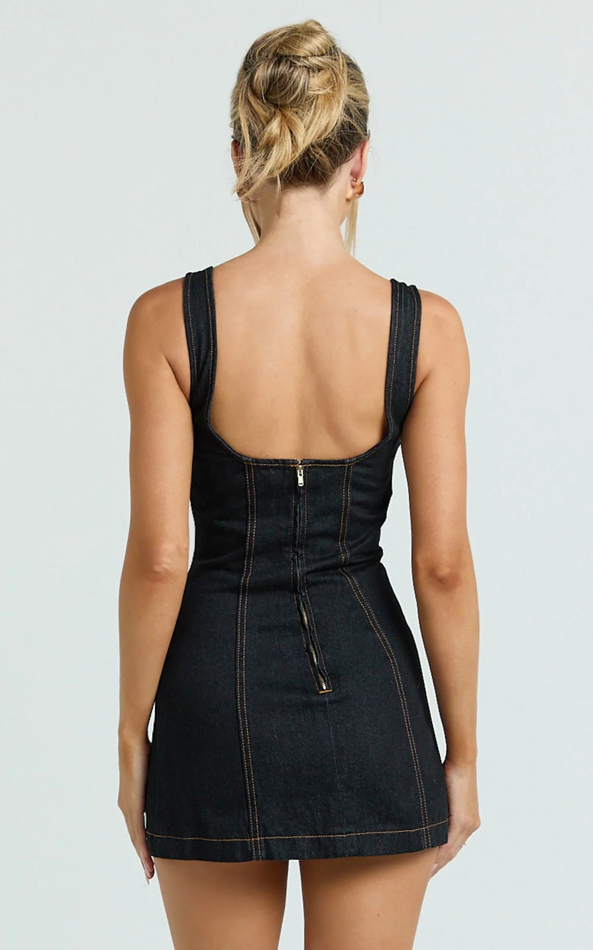 Fabia Mini Dress - Denim Square Neck Fitted Dress in Dark Wash