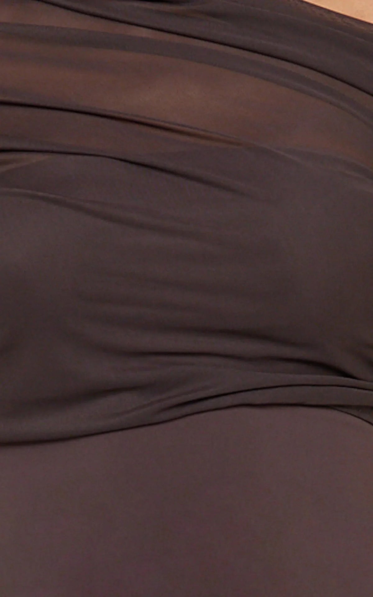 Sophia Top - Draped One Shoulder Mesh Overlay Top in Chocolate