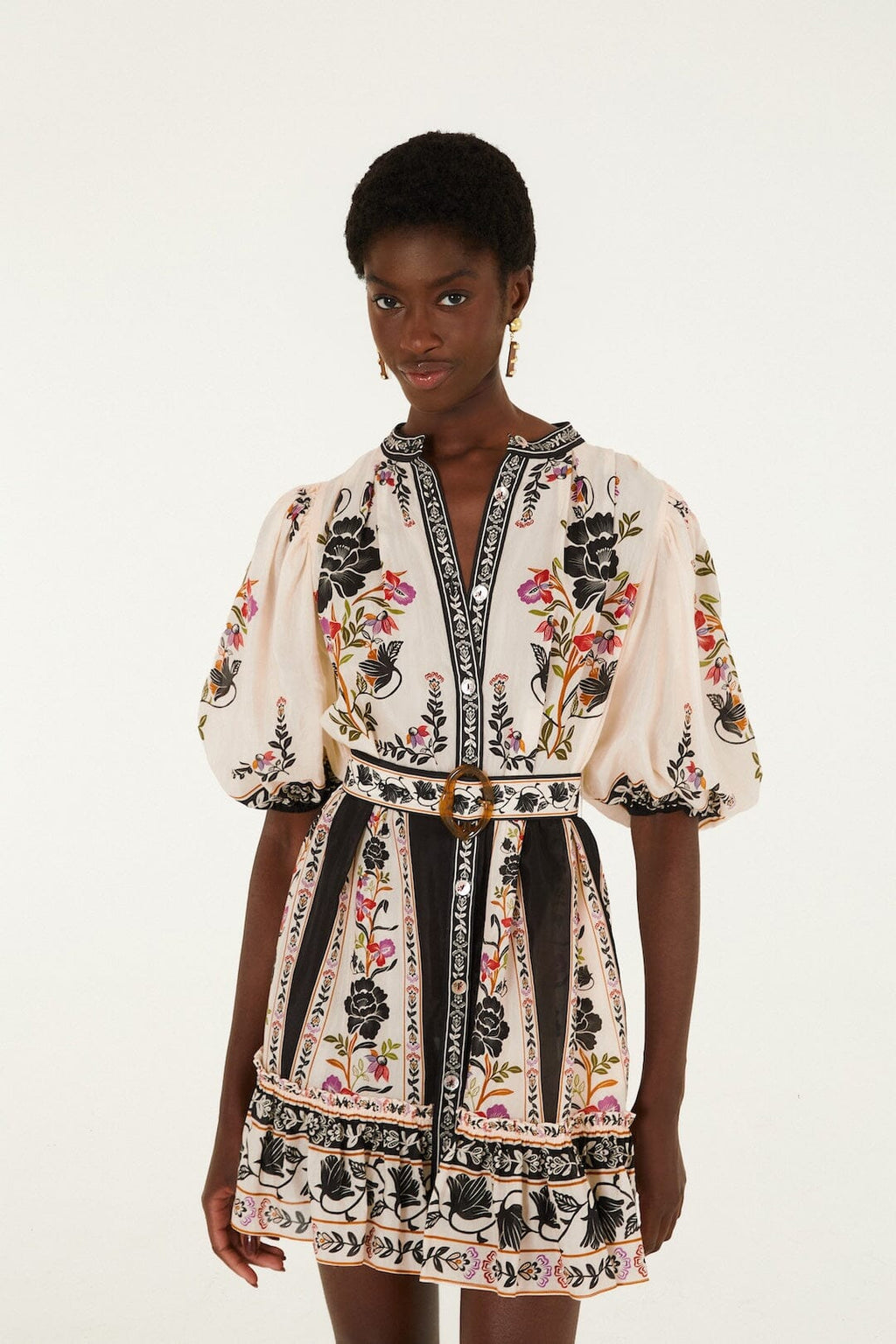 Delicate Floral Belted Buttoned Mini Dress