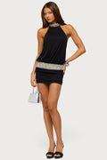 Backless Beaded High Neck Mini Dress